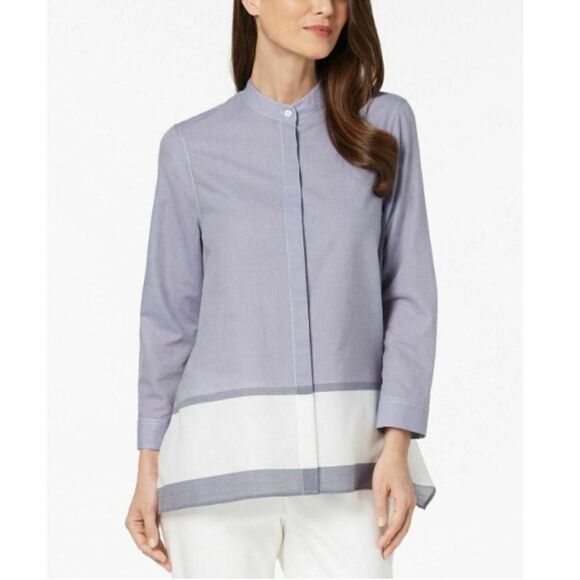 Anne Klein 100% cotton chambray trapeze front button light blue&white block L - Picture 1 of 14